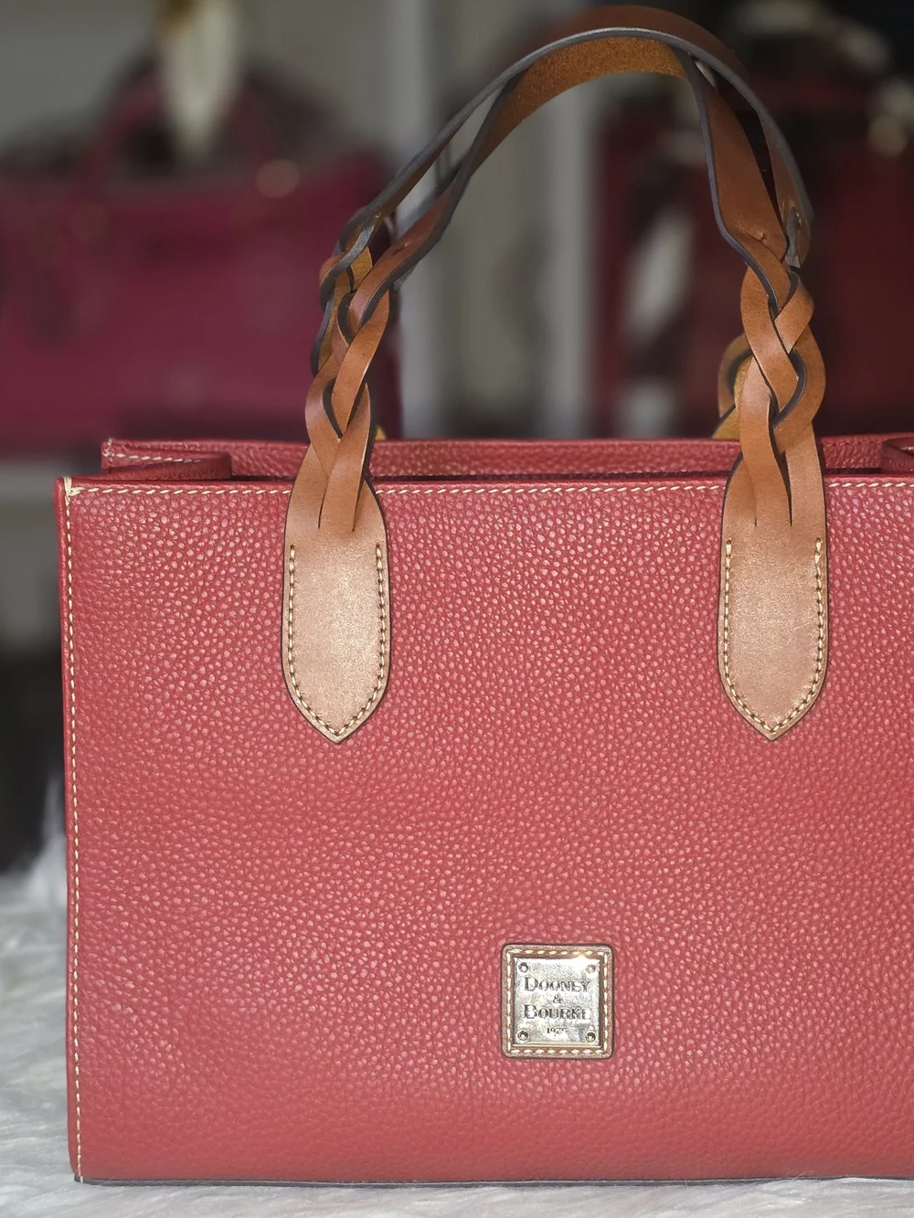 Dooney & Bourke Red Leather Tote with Tan Trim - Picture 2 of 4